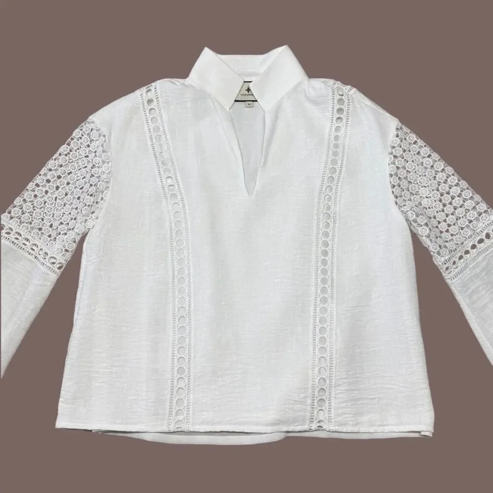 Tuckernuck White Eyelet Lace Cutout Puff Sleeve Jane Blouse Size XS